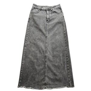 Black Denim Maxi Skirt Womens Small 25x34 Faded Raw Hem A Line Stretch Goth
